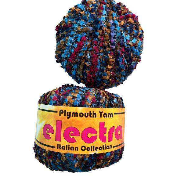 1.5 Skeins Plymouth Yarn ELECTRA Ladder Ribbon | Blue Gold, Red - Picture 3 of 7